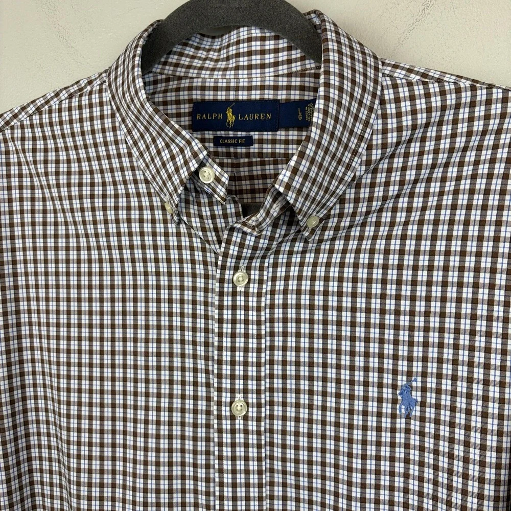 Ralph Lauren Shirt‎ Mens Large Brown Check Stretch Button Down Long Sleeve